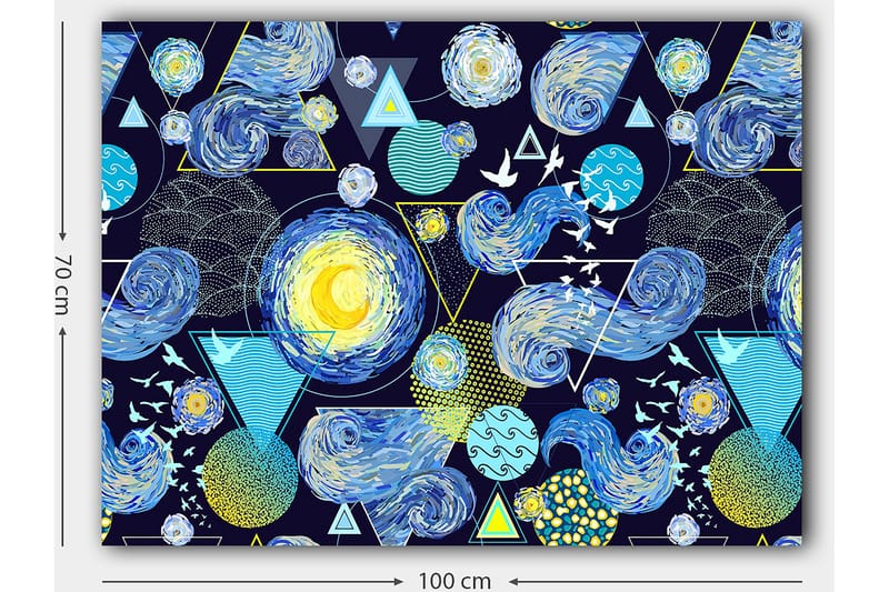 Canvastavla 70x100 cm - Färgstark och dynamisk tolkning av natthimlen med snurrande galaxer och geometriska former - Blå / Gul / Vit - Inredning - Tavlor & konst - Canvastavlor