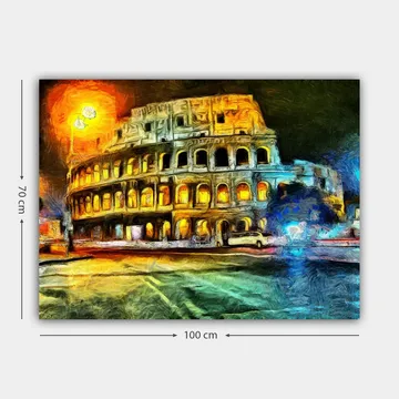 Canvastavla 70x100 cm - Färgstark och impressionistisk avbildning av Colosseum i Rom, belyst av gult och orange ljus - Gult / Blått / Orange - Inredning - Tavlor & konst - Canvastavlor
