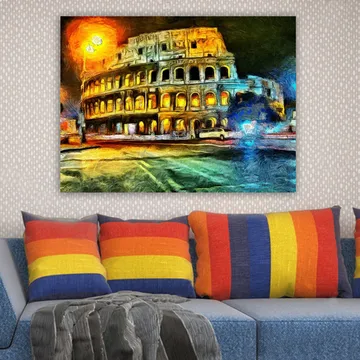 Canvastavla 70x100 cm - Färgstark och impressionistisk avbildning av Colosseum i Rom, belyst av gult och orange ljus - Gult / Blått / Orange - Inredning - Tavlor & konst - Canvastavlor