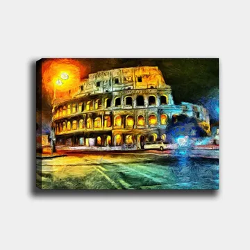 Canvastavla 70x100 cm - Färgstark och impressionistisk avbildning av Colosseum i Rom, belyst av gult och orange ljus - Gult / Blått / Orange - Inredning - Tavlor & konst - Canvastavlor