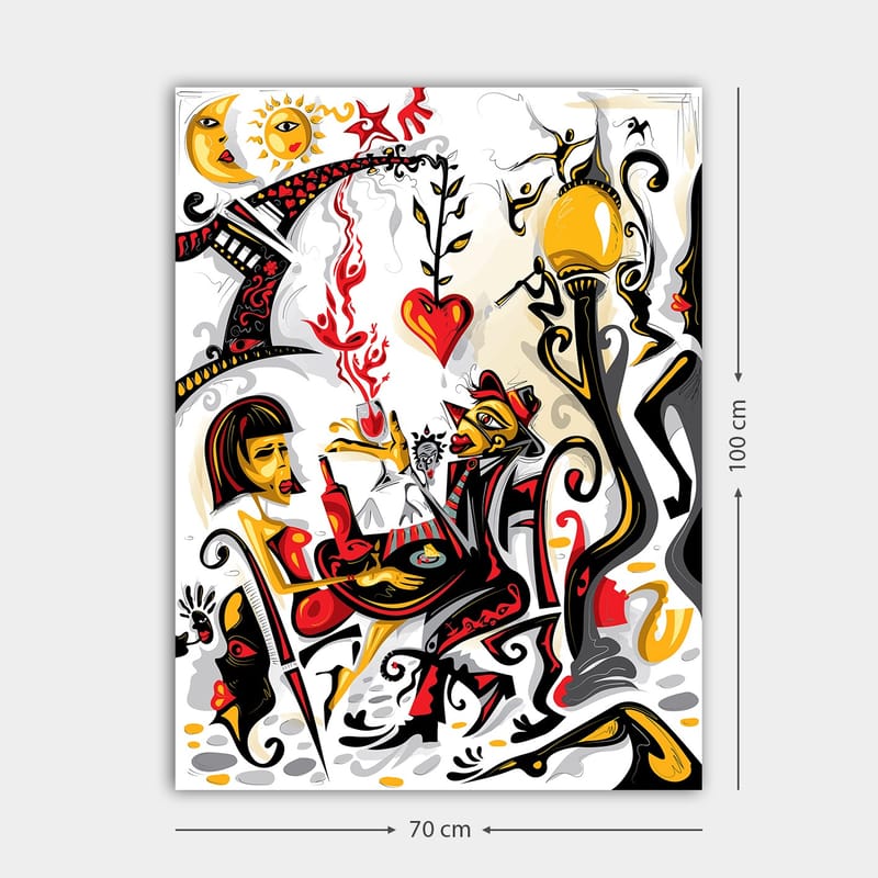 Canvastavla 70x100 cm - Färgstark och livfull scen med en kvinna och en man som interagerar, omgiven av symboler för kärlek och liv - Röd / Svart / Gul - Inredning - Tavlor & konst - Canvastavlor