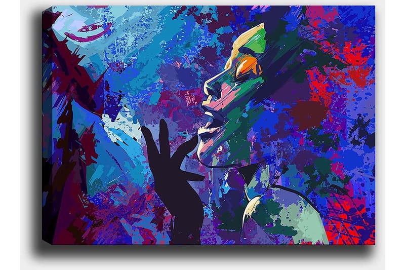 Canvastavla 70x100 cm - Färgstark och uttrycksfull porträttmålning av en kvinna som gestikulerar med handen mot ansiktet - Blå / Grön / Lila - Inredning - Tavlor & konst - Canvastavlor