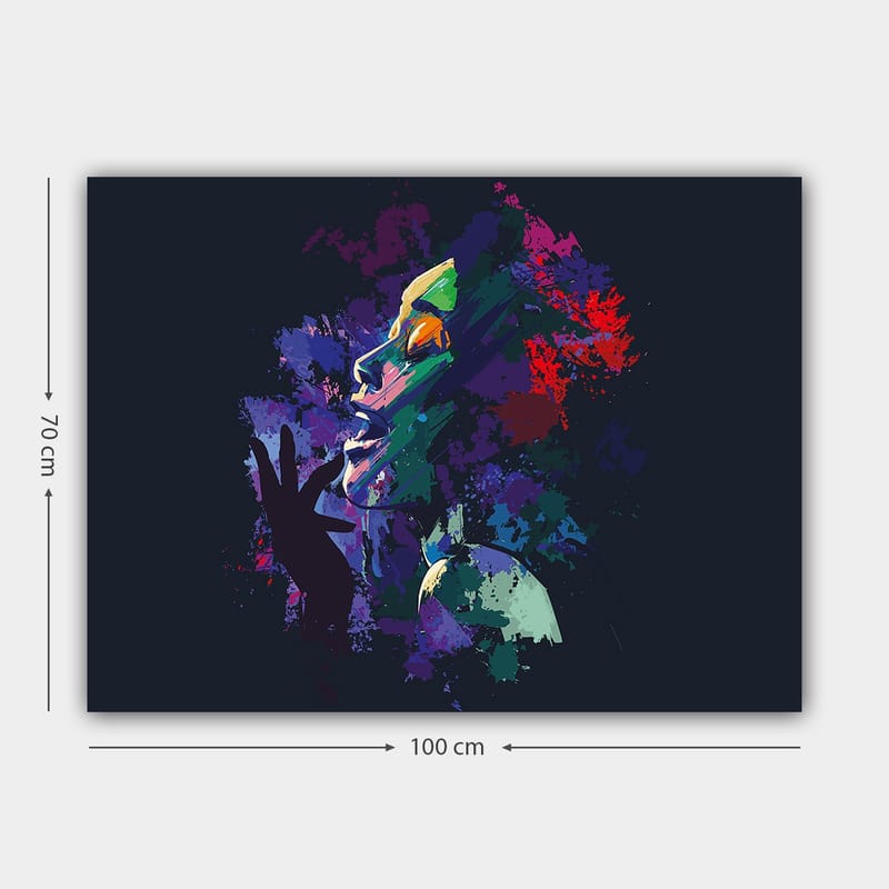 Canvastavla 70x100 cm - Färgstark och uttrycksfull porträtt av en kvinna som sjunger med passion - Lila / Grön / Röd - Inredning - Tavlor & konst - Canvastavlor