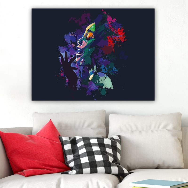 Canvastavla 70x100 cm - Färgstark och uttrycksfull porträtt av en kvinna som sjunger med passion - Lila / Grön / Röd - Inredning - Tavlor & konst - Canvastavlor