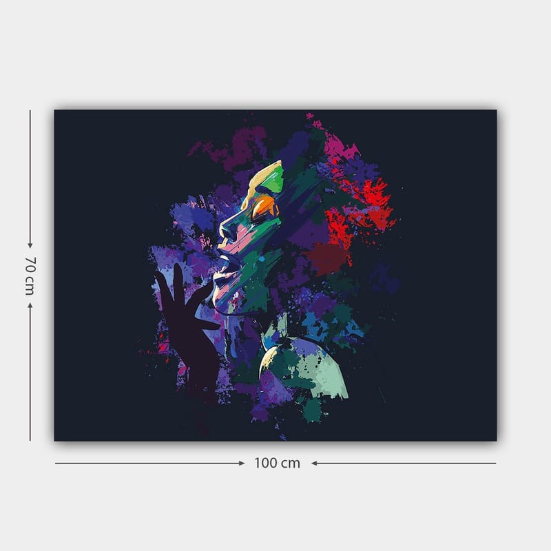 Canvastavla 70x100 cm - Färgstark och uttrycksfull porträtt av en kvinna som sjunger med passion - Lila / Grön / Röd - Inredning - Tavlor & konst - Canvastavlor