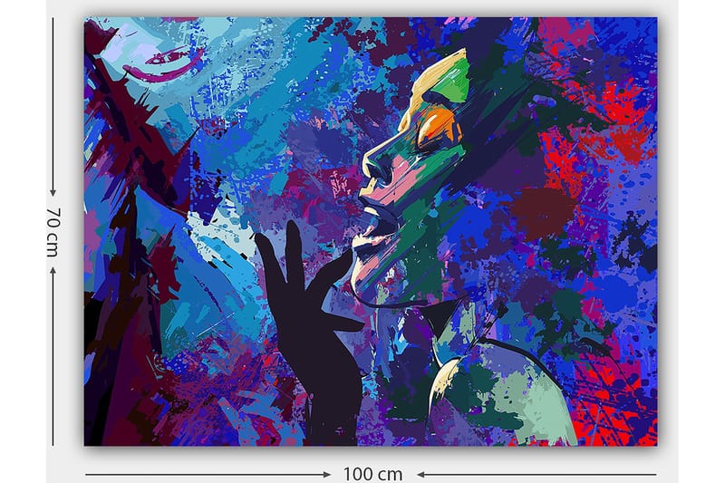 Canvastavla 70x100 cm - Färgstark och uttrycksfull porträttmålning av en kvinna som gestikulerar med handen mot ansiktet - Blå / Grön / Lila - Inredning - Tavlor & konst - Canvastavlor