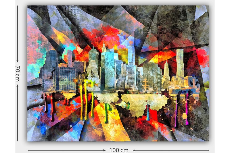 Canvastavla 70x100 cm - Färgstark stadsbild som fångar en skyline med skyskrapor och reflektioner i vattnet - Blå / Röd / Gul - Inredning - Tavlor & konst - Canvastavlor