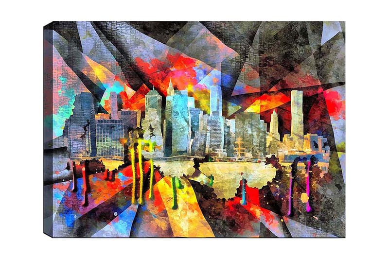 Canvastavla 70x100 cm - Färgstark stadsbild som fångar en skyline med skyskrapor och reflektioner i vattnet, Blå / Röd / Gul