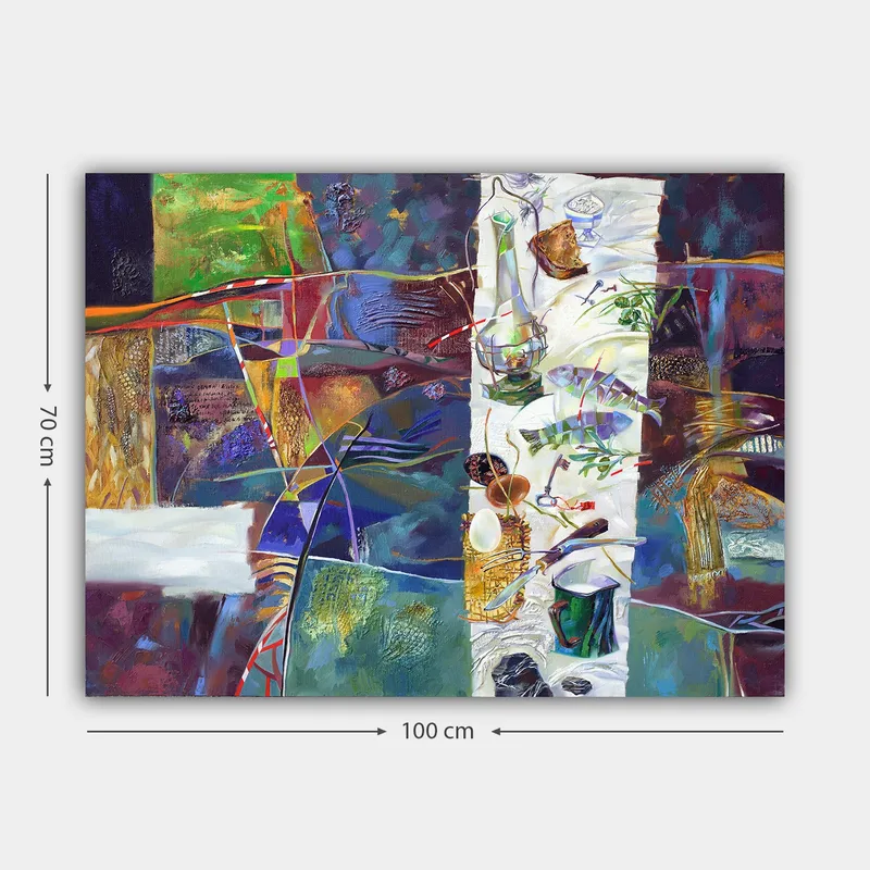 Canvastavla 70x100 cm - Färgstark stillhet med ett dukat bord som visar olika föremål och mat - Grön / Blå / Lila - Inredning - Tavlor & konst - Canvastavlor