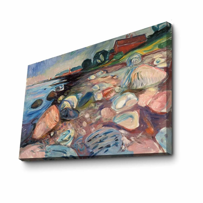 Canvastavla 70x100 cm - Färgstark strandscen med stenar och en röd stuga i bakgrunden - Blå / Rosa / Grön - Inredning - Tavlor & konst - Canvastavlor