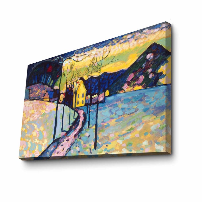 Canvastavla 70x100 cm - Färgstark vinterlandskap med en väg som leder till ett gult hus omgiven av snö och träd - Blå / Gul / Vit - Inredning - Tavlor & konst - Canvastavlor