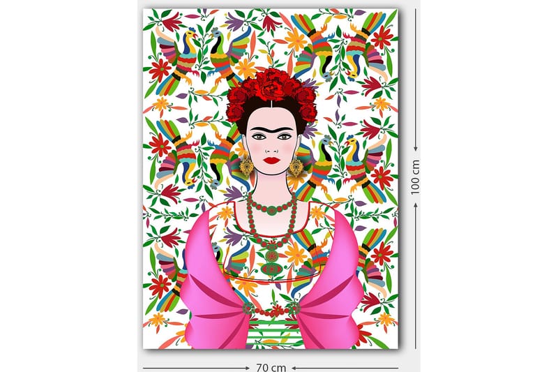 Canvastavla 70x100 cm - Färgstark porträtt av en kvinna med traditionell mexikansk klädsel och blommor i håret, omgiven av en livlig bakgrund med fåglar och blommor - Rosa / Grön / Röd - Inredning - Tavlor & konst - Canvastavlor