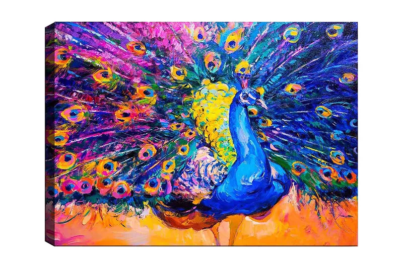 Canvastavla 70x100 cm - Färgstark påfågel med utspridda fjädrar som skapar en dramatisk effekt, Blå / Lila / Gul