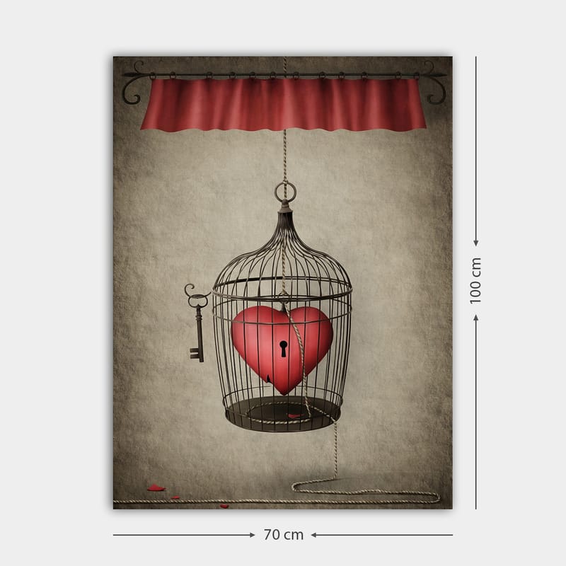 Canvastavla 70x100 cm - Fågelbur med ett rött hjärta inuti, hängande från en snodd - Röd / Svart / Grå - Inredning - Tavlor & konst - Canvastavlor
