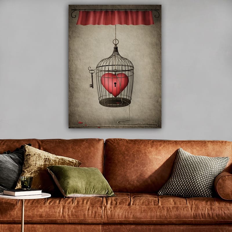 Canvastavla 70x100 cm - Fågelbur med ett rött hjärta inuti, hängande från en snodd - Röd / Svart / Grå - Inredning - Tavlor & konst - Canvastavlor