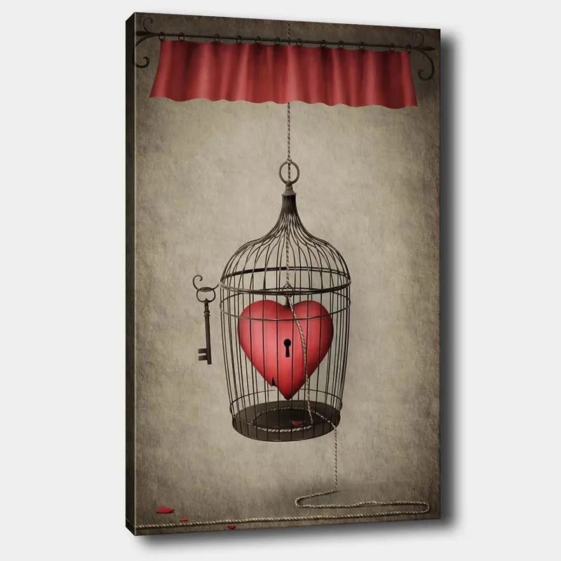 Canvastavla 70x100 cm - Fågelbur med ett rött hjärta inuti, hängande från en snodd, Röd / Svart / Grå