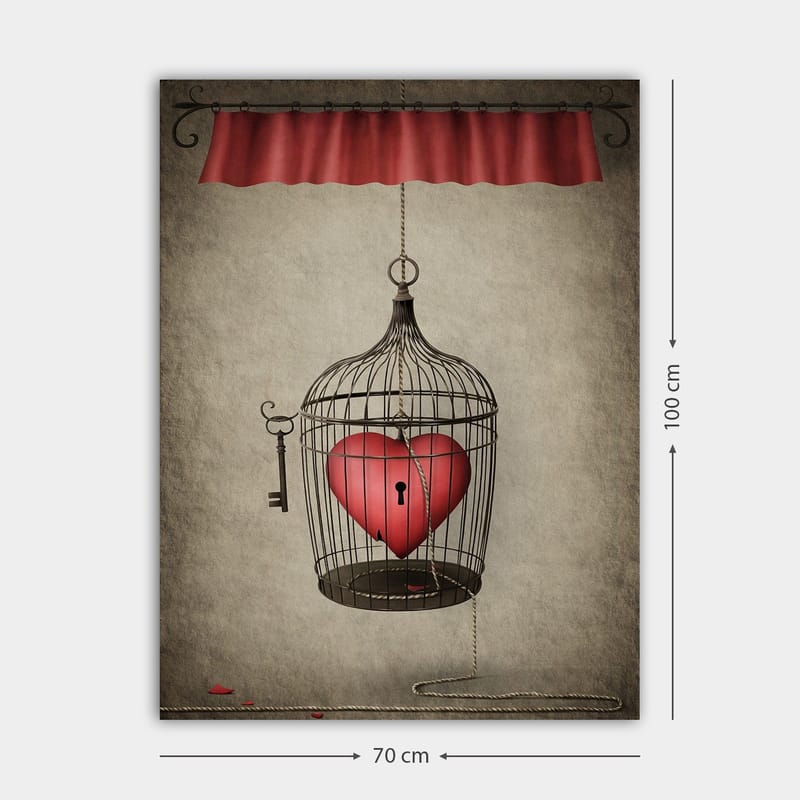 Canvastavla 70x100 cm - Fågelbur med ett rött hjärta inuti, hängande från en snodd - Röd / Svart / Grå - Inredning - Tavlor & konst - Canvastavlor