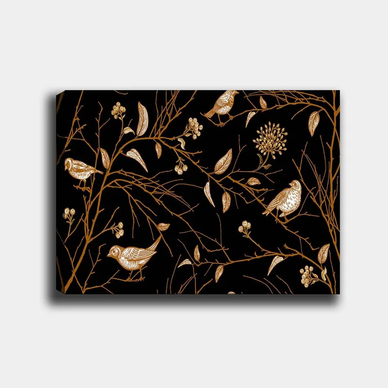 Canvastavla 70x100 cm - Fåglar och grenar i en elegant design mot en svart bakgrund, Guld / Svart