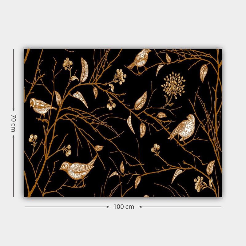 Canvastavla 70x100 cm - Fåglar och grenar i en elegant design mot en svart bakgrund - Guld / Svart - Inredning - Tavlor & konst - Canvastavlor