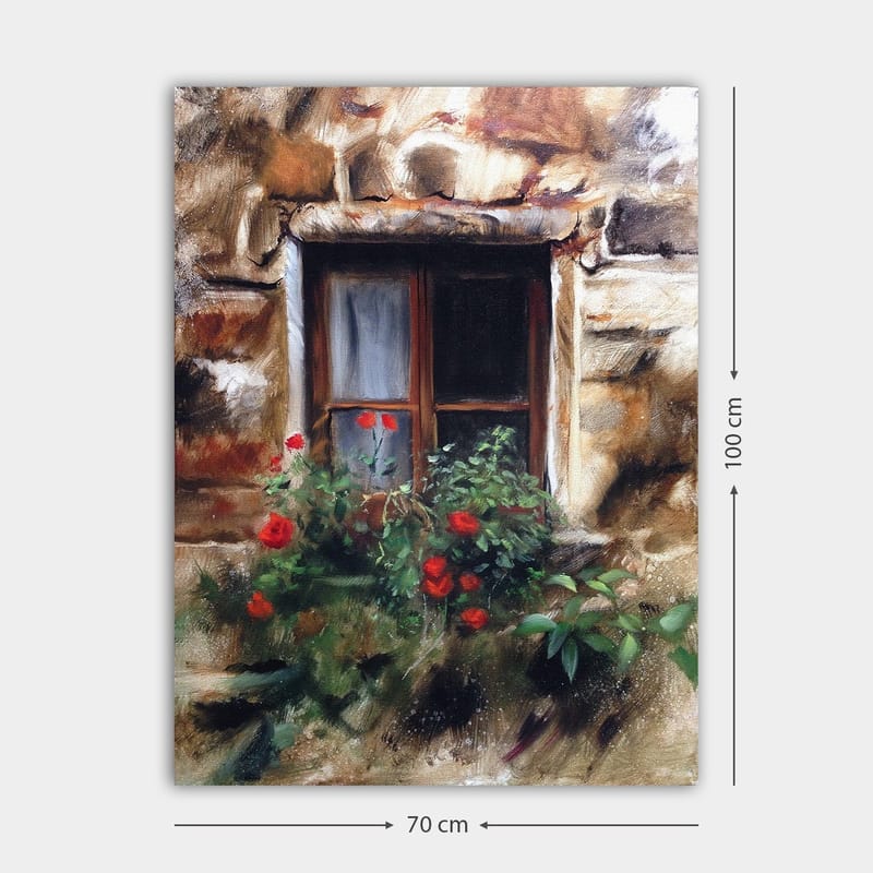 Canvastavla 70x100 cm - Fönster med blomkruka fylld av röda rosor - Röd / Grön / Beige - Inredning - Tavlor & konst - Canvastavlor