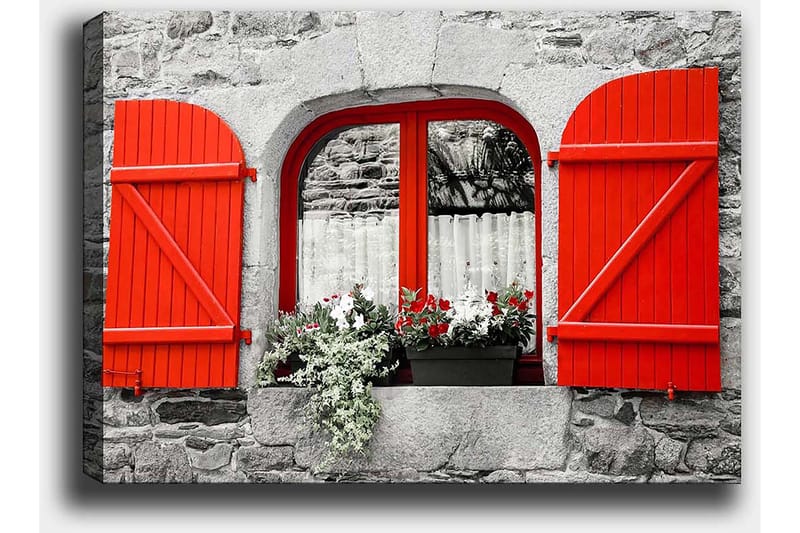 Canvastavla 70x100 cm - Fönster med röda luckor och blommor i en gråstensvägg - Röd / Grå - Inredning - Tavlor & konst - Canvastavlor