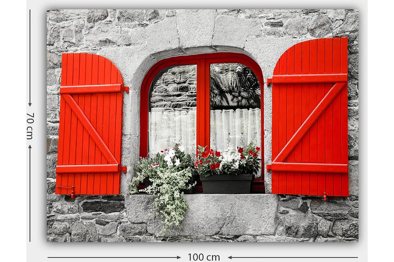 Canvastavla 70x100 cm - Fönster med röda luckor och blommor i en gråstensvägg - Röd / Grå - Inredning - Tavlor & konst - Canvastavlor
