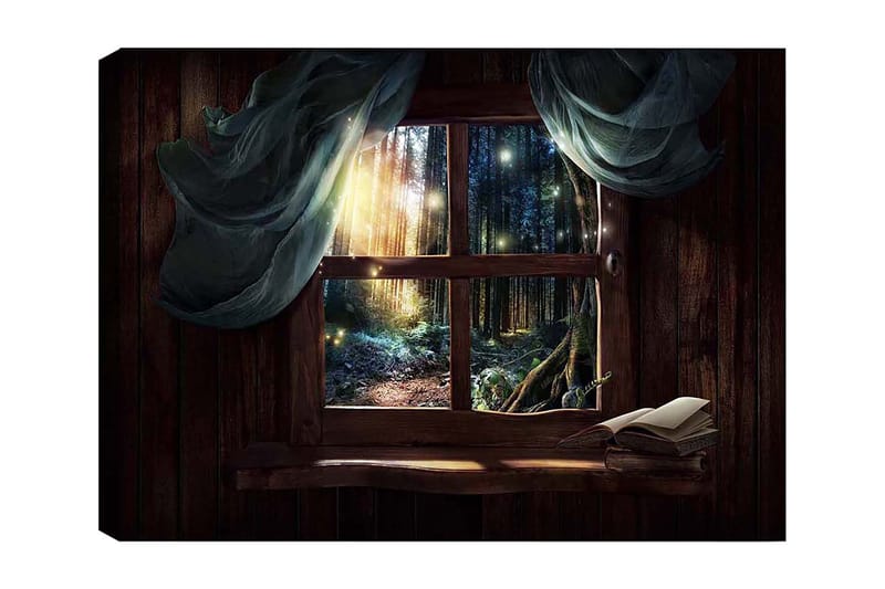 Canvastavla 70x100 cm - Fönsterutsikt mot en mystisk skog med ljusstrålar som sipprar genom träden - Mörkgrön / Brun / Ljusblå - Inredning - Tavlor & konst - Canvastavlor