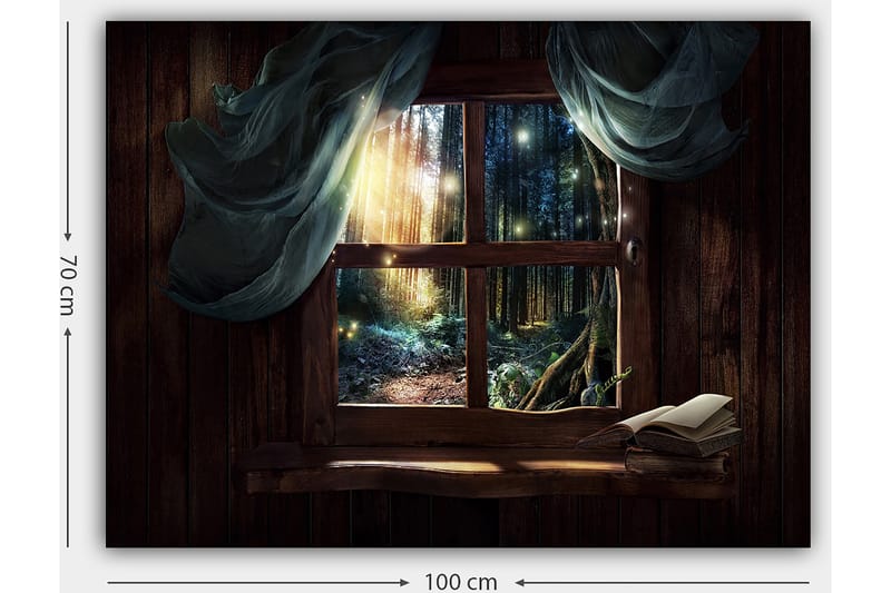Canvastavla 70x100 cm - Fönsterutsikt mot en mystisk skog med ljusstrålar som sipprar genom träden - Mörkgrön / Brun / Ljusblå - Inredning - Tavlor & konst - Canvastavlor