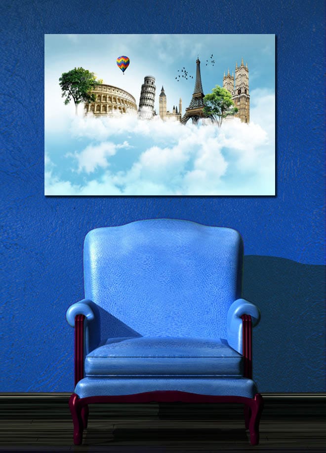 Canvastavla 70x100 cm - Fantasifull landskap med kända byggnader svävande bland moln - Blå / Grön / Vit - Inredning - Tavlor & konst - Canvastavlor
