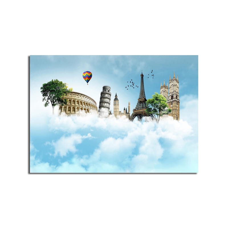 Canvastavla 70x100 cm - Fantasifull landskap med kända byggnader svävande bland moln - Blå / Grön / Vit - Inredning - Tavlor & konst - Canvastavlor