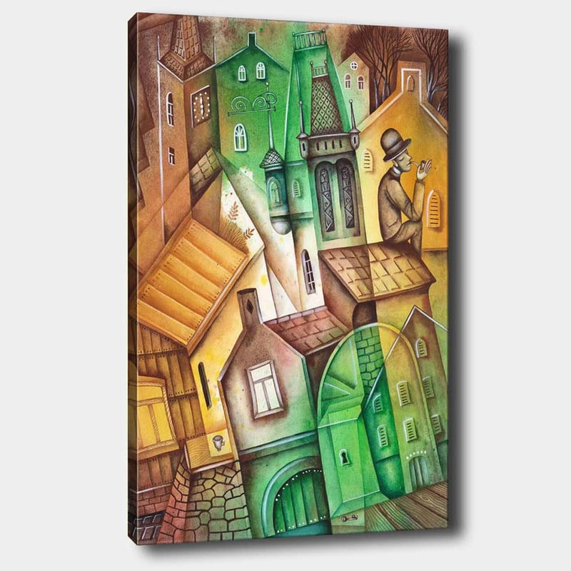 Canvastavla 70x100 cm - Fantasifull stadsbild med snedvridna hus och en man i hatt som står och betraktar omgivningen, Grön / Brun / Gul