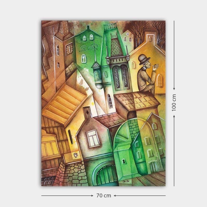 Canvastavla 70x100 cm - Fantasifull stadsbild med snedvridna hus och en man i hatt som står och betraktar omgivningen - Grön / Brun / Gul - Inredning - Tavlor & konst - Canvastavlor