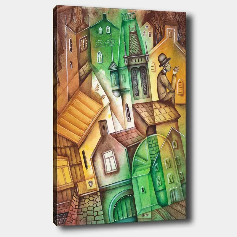 Canvastavla 70x100 cm - Fantasifull stadsbild med snedvridna hus och en man i hatt som står och betraktar omgivningen, Grön / Brun / Gul