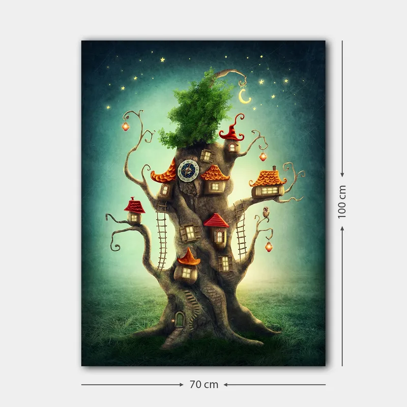 Canvastavla 70x100 cm - Fantasifull trädtavla med små hus och en grönskande krona - Brun / Grön / Röd - Inredning - Tavlor & konst - Canvastavlor