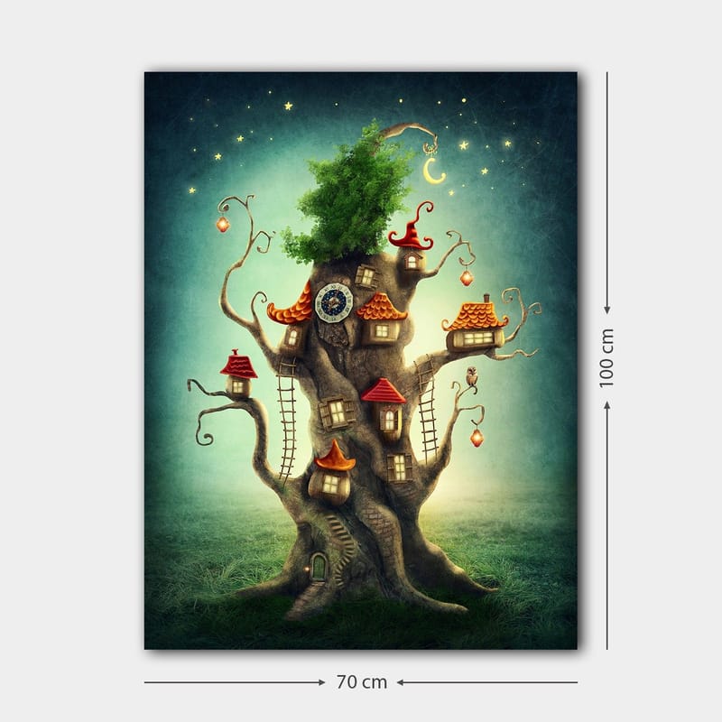 Canvastavla 70x100 cm - Fantasifull trädtavla med små hus och en grönskande krona - Brun / Grön / Röd - Inredning - Tavlor & konst - Canvastavlor
