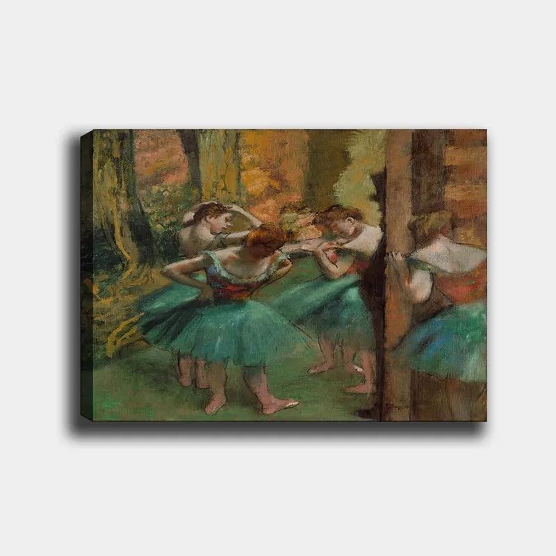 Canvastavla 70x100 cm - Fem balettdansöser i färgglada tutus förbereder sig inför en föreställning, Grön / Orange / Röd