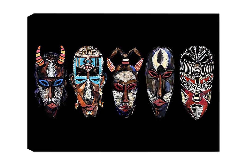 Canvastavla 70x100 cm - Fem färgglada masker med olika mönster och uttryck, Röd / Svart / Blå