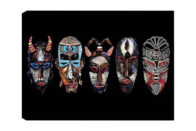 Canvastavla 70x100 cm - Fem färgglada masker med olika mönster och uttryck, Röd / Svart / Blå