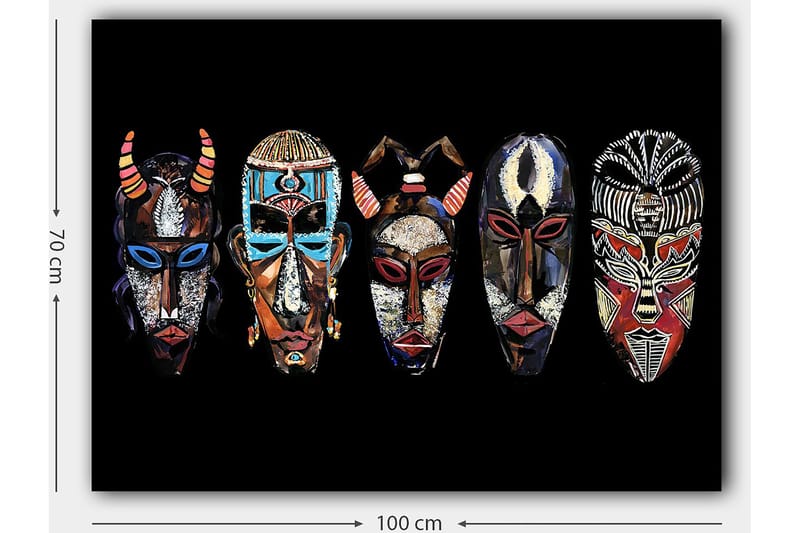 Canvastavla 70x100 cm - Fem färgglada masker med olika mönster och uttryck - Röd / Svart / Blå - Inredning - Tavlor & konst - Canvastavlor