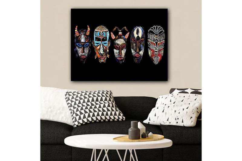 Canvastavla 70x100 cm - Fem färgglada masker med olika mönster och uttryck - Röd / Svart / Blå - Inredning - Tavlor & konst - Canvastavlor