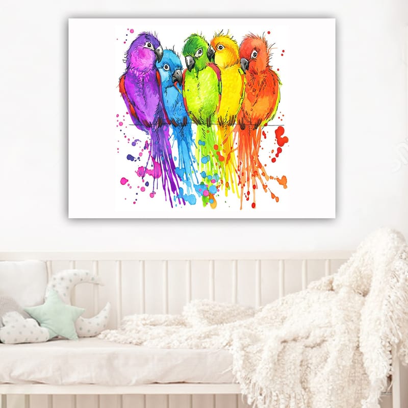 Canvastavla 70x100 cm - Fem färgglada papegojor i rad - Lila / Grön / Orange - Inredning - Tavlor & konst - Canvastavlor