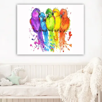 Canvastavla 70x100 cm - Fem färgglada papegojor i rad - Lila / Grön / Orange - Inredning - Tavlor & konst - Canvastavlor