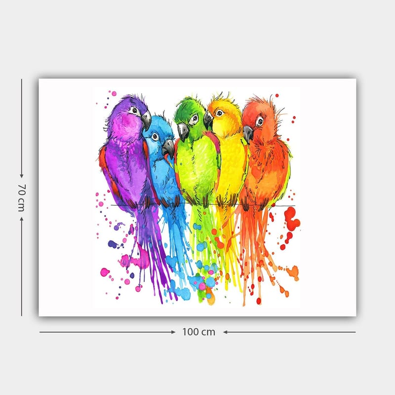Canvastavla 70x100 cm - Fem färgglada papegojor i rad - Lila / Grön / Orange - Inredning - Tavlor & konst - Canvastavlor