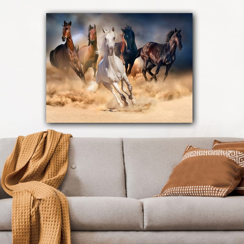 Canvastavla 70x100 cm - Fem hästar i full galopp genom sand och damm - Vit / Brun / Svart - Inredning - Tavlor & konst - Canvastavlor
