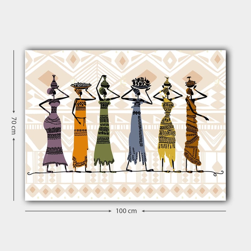 Canvastavla 70x100 cm - Fem kvinnor i traditionella kläder som bär föremål på huvudet - Lila / Orange / Grön - Inredning - Tavlor & konst - Canvastavlor