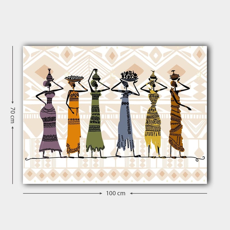 Canvastavla 70x100 cm - Fem kvinnor i traditionella kläder som bär föremål på huvudet - Lila / Orange / Grön - Inredning - Tavlor & konst - Canvastavlor