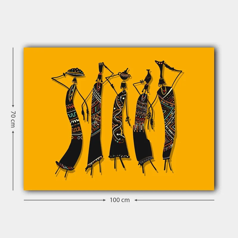 Canvastavla 70x100 cm - Fem stiliserade kvinnor i traditionella kläder som bär föremål på huvudet - Svart / Gul / Röd - Inredning - Tavlor & konst - Canvastavlor