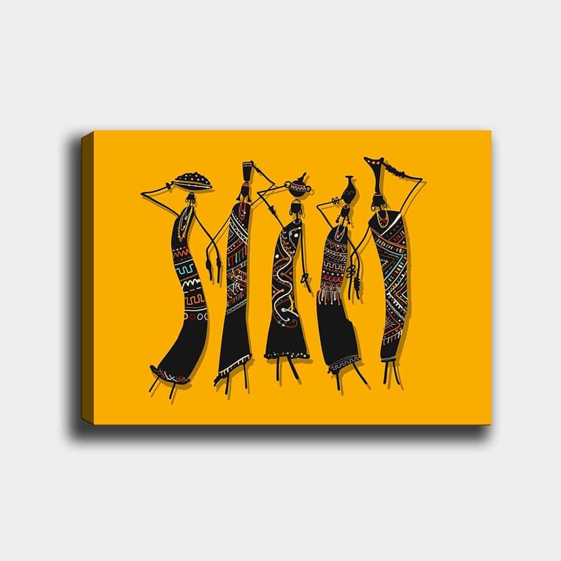 Canvastavla 70x100 cm - Fem stiliserade kvinnor i traditionella kläder som bär föremål på huvudet, Svart / Gul / Röd