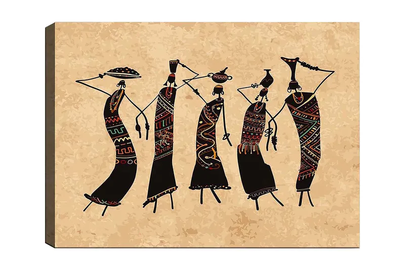 Canvastavla 70x100 cm - Fem stiliserade kvinnor som dansar med traditionella kläder och accessoarer, Svart / Röd / Grön