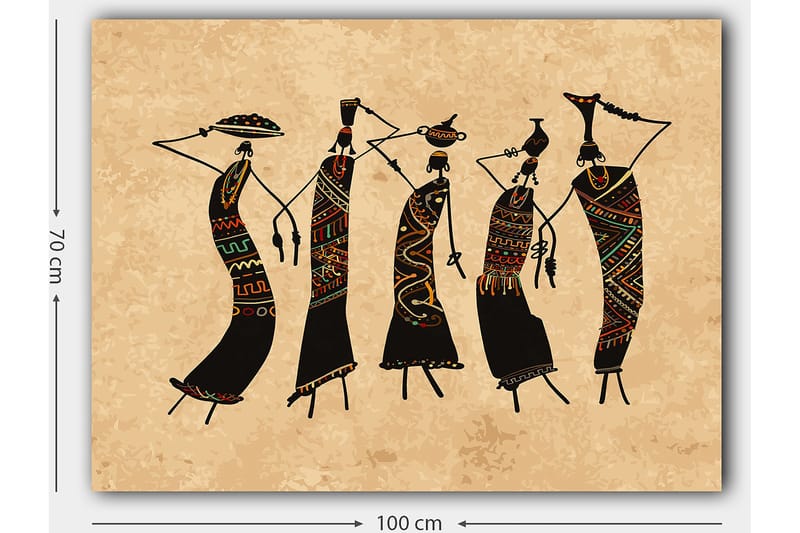 Canvastavla 70x100 cm - Fem stiliserade kvinnor som dansar med traditionella kläder och accessoarer - Svart / Röd / Grön - Inredning - Tavlor & konst - Canvastavlor